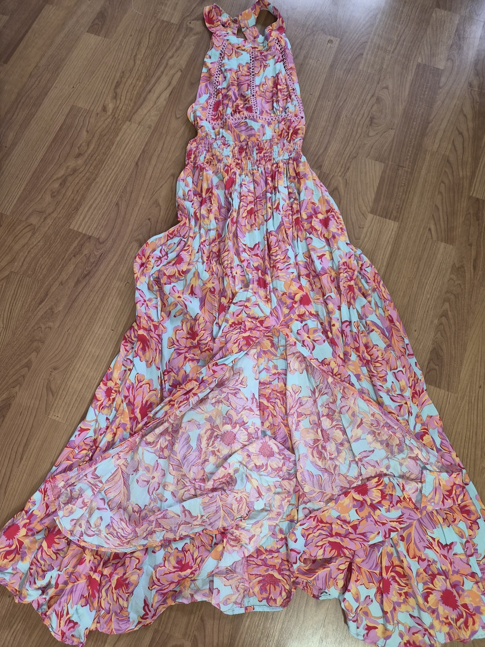 NWOT Anthro Abel The Label Tropical Floral Halter Self-tie Back Maxi Pink & Aqua - Picture 4 of 8